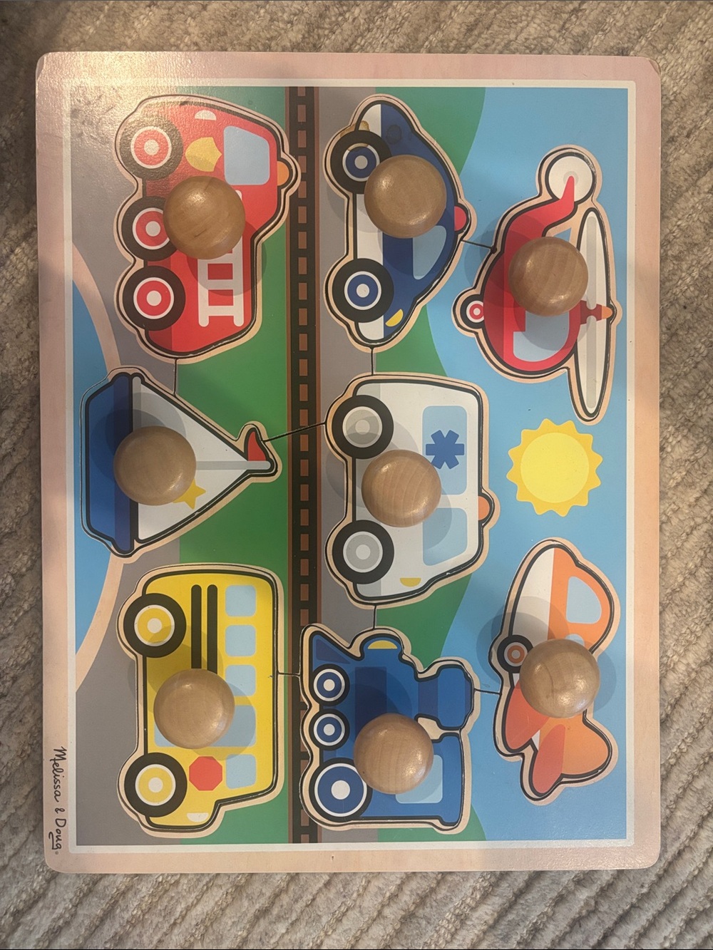 Melissa & Doug Wooden Vehicle Peg Puzzle — Blue, Yellow, Red, White